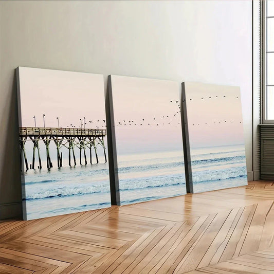 3pcs California Ocean Blush Pink Coastal Beach Wall Art Set Canvas Framed 40x60cm - High Quality Print 100% Australian Made Wall Canvas Ready to Hang
