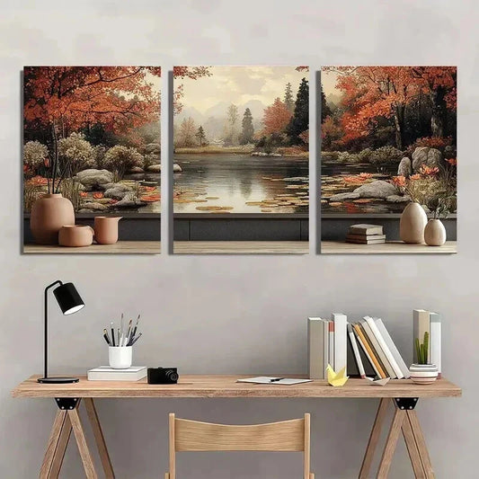 3pcs Serene for Lotus Pond Landscape Wall Art Set Canvas Framed 40x60cm - High Quality Print 100% Australian Made Wall Canvas Ready to Hang