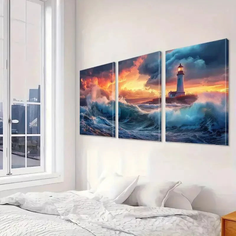 3pcs Aesthetic Landscape Lighthouse & Ocean Wall Art Set Canvas Framed 40x60cm - High Quality Print 100% Australian Made Wall Canvas Ready to Hang
