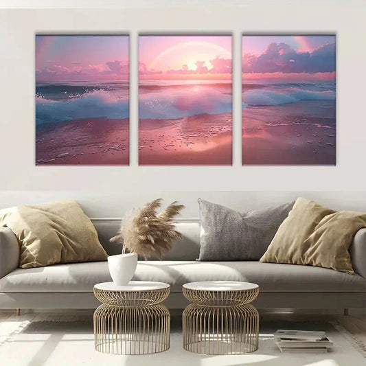 3pcs Sunset Waves and Soft Rainbow Sky Metal Print Ready to Hang Art