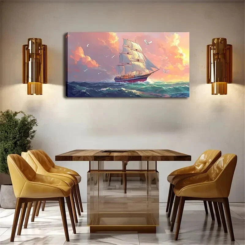 Serene Nautical Pink Sky Ocean Wall Art Canvas Office Home Room Framed 120x60cm