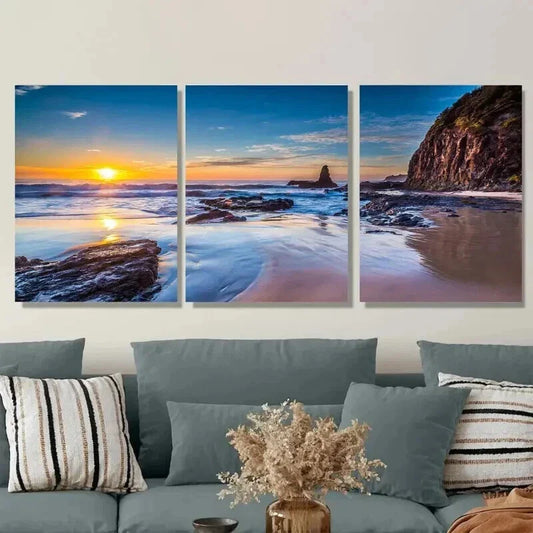 3pcs Sunset Beach Orange & Blue Seascape Wall Art Set Canvas Framed 40x60cm - High Quality Print 100% Australian Made Wall Canvas Ready to Hang
