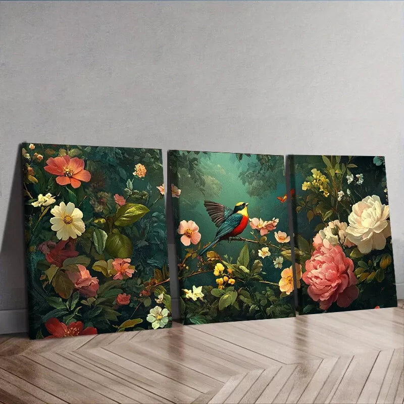 3pcs Coralline Floral Nature Birds Wall Art Set Canvas Framed 40x60cm - High Quality Print 100% Australian Made Wall Canvas Ready to Hang