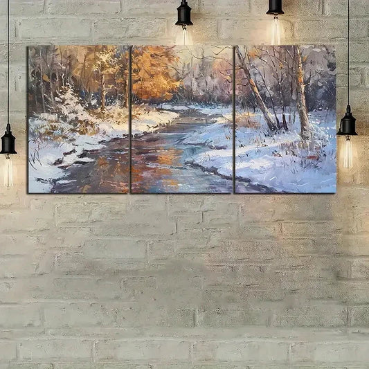 3pcs Snowy Forest River Big Trees Metal Print Ready to Hang Art