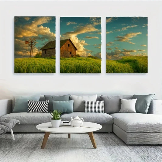 3pcs A Rustic Wooden House Sits on A Grasses Metal Print Ready to Hang Art