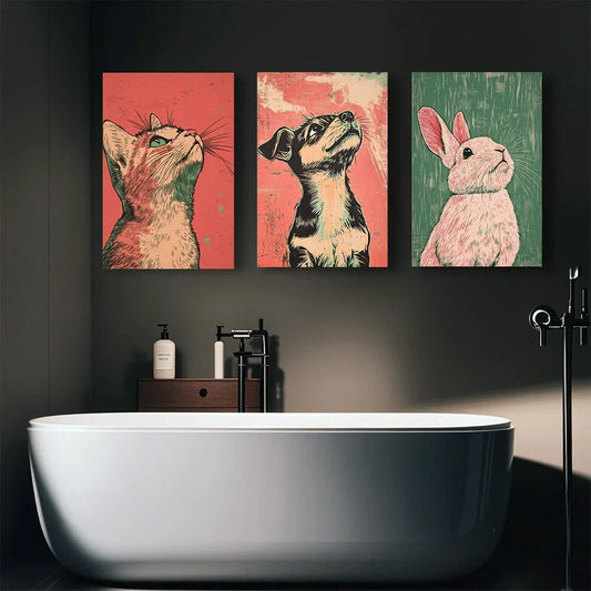 3pcs Cats Dogs and Rabbits Gazing Animal Metal Print Ready to Hang Art