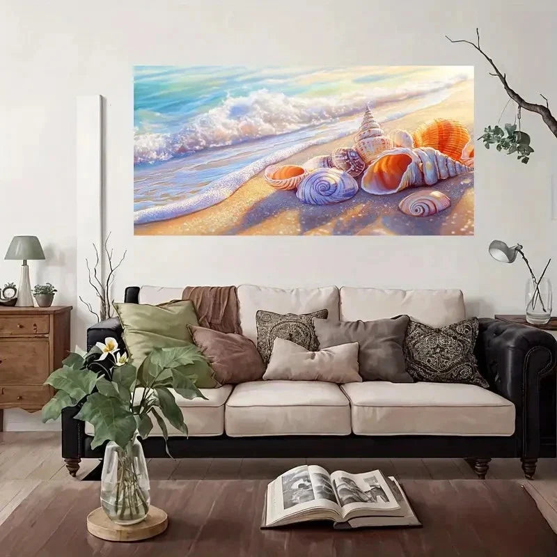 Ocean Waves & Seashells Wall Art Canvas Office Home Room Framed 80x45cm