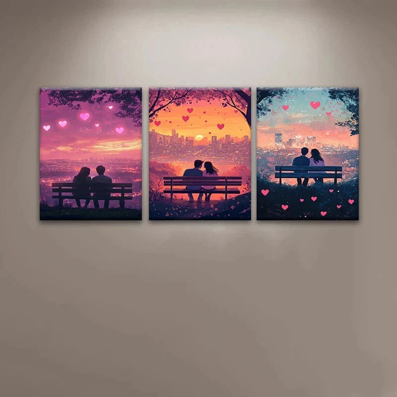 3pcs Sweet Couples to Sit And Watch The Sunset Metal Print Ready to Hang Art