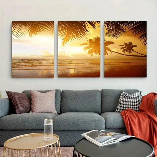 3pcs Sunset Palm Tree Tropical Beach Scene Metal Print Ready to Hang Art