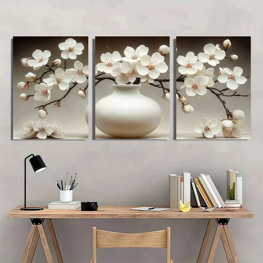 3pcs Cherry Blossom White Vase & Branches Metal Print Ready to Hang Art