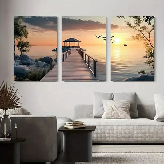 3pcs Serene Ocean View with Dock and Birds Metal Print Ready to Hang Art