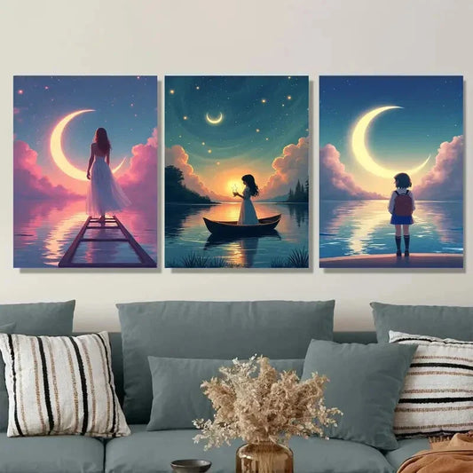 3pcs Moonlit Night Triptych Starry Sky Girl Wall Art Set Canvas Framed 40x60cm - High Quality Print 100% Australian Made Wall Canvas Ready to Hang