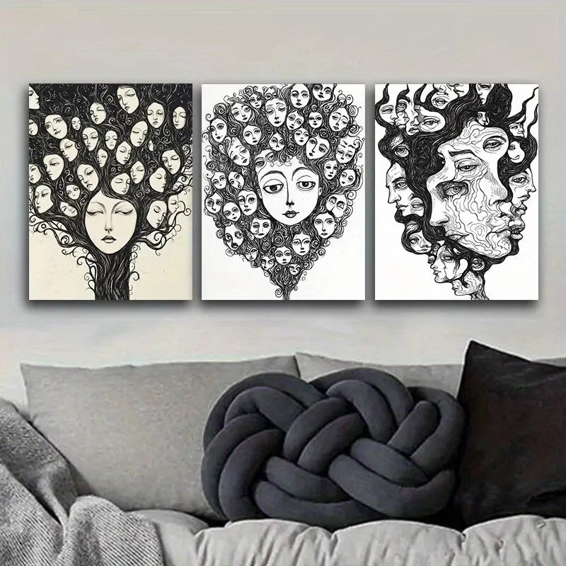 3pcs Lines Make Up On The Face Black And White Wall Art Set Canvas Framed 40x60cm - High Quality Print 100% Australian Made Wall Canvas Ready to Hang
