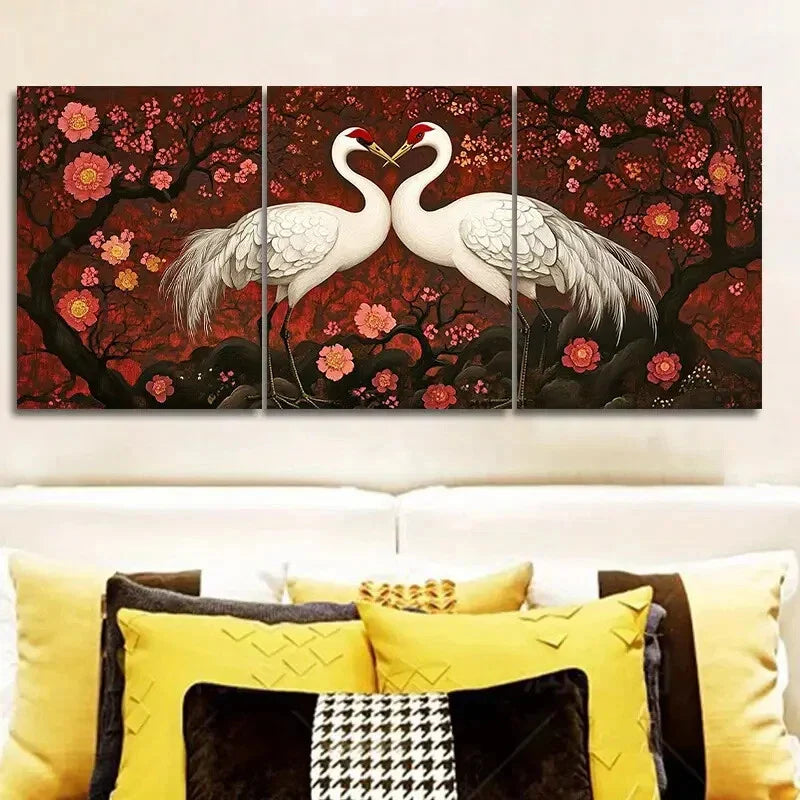 3pcs The white crane is in the peach forest Metal Print Ready to Hang Art