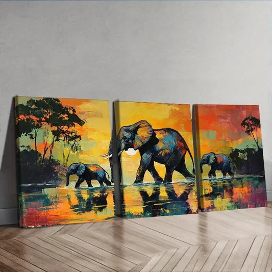 3pcs Elephant is Walking Colorful Nature Perfect Wall Art Set Canvas Framed 40x60cm - High Quality Print 100% Australian Made Wall Canvas Ready to Hang