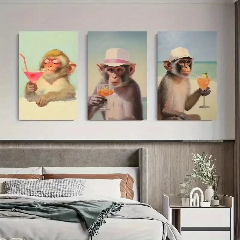 3pcs Tropical Monkey Cocktail Fun Beach Metal Print Ready to Hang Art
