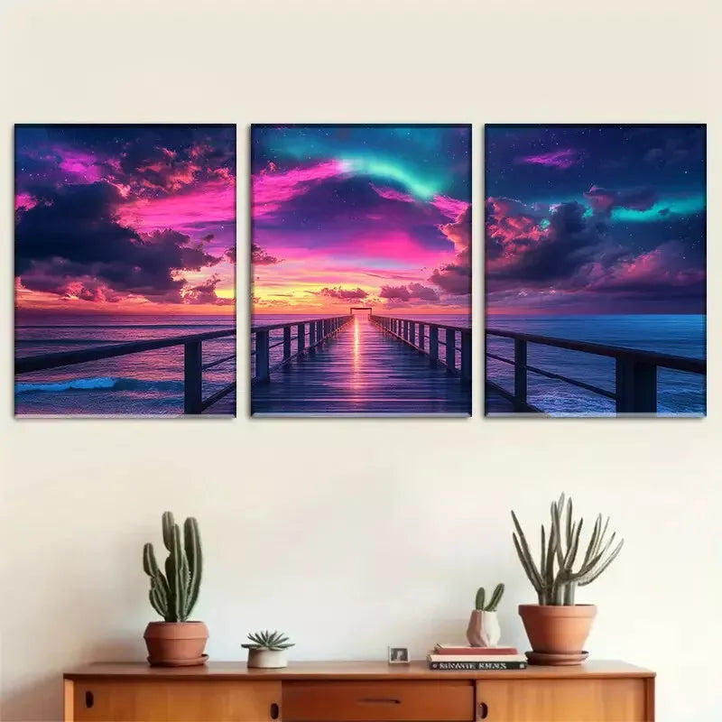 3pcs Colorful Vibrant Aurora Pier Triptych Wall Art Set Canvas Framed 40x60cm - High Quality Print 100% Australian Made Wall Canvas Ready to Hang