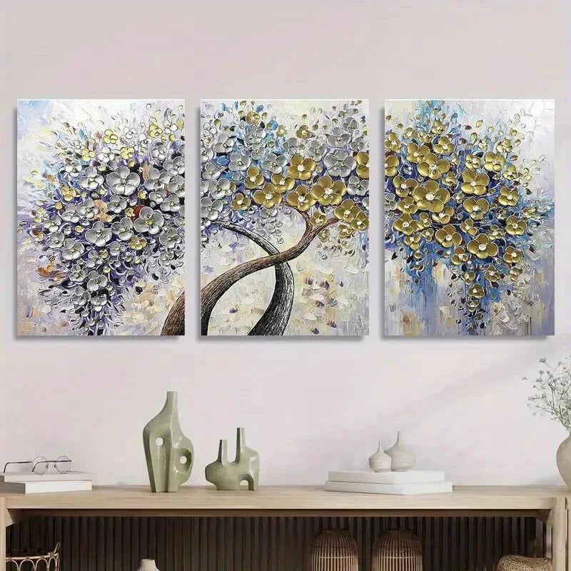 3pcs Abstract Metallic Floral Tree Triptych Metal Print Ready to Hang Art