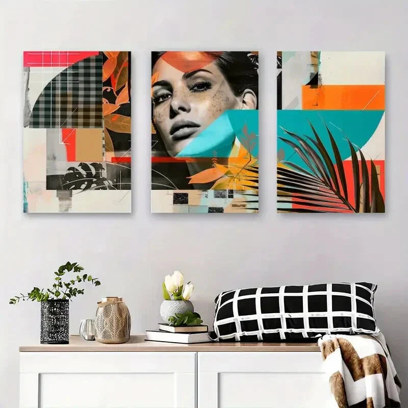 3pcs Geometric Shapes with Floral Elements Metal Print Ready to Hang Art