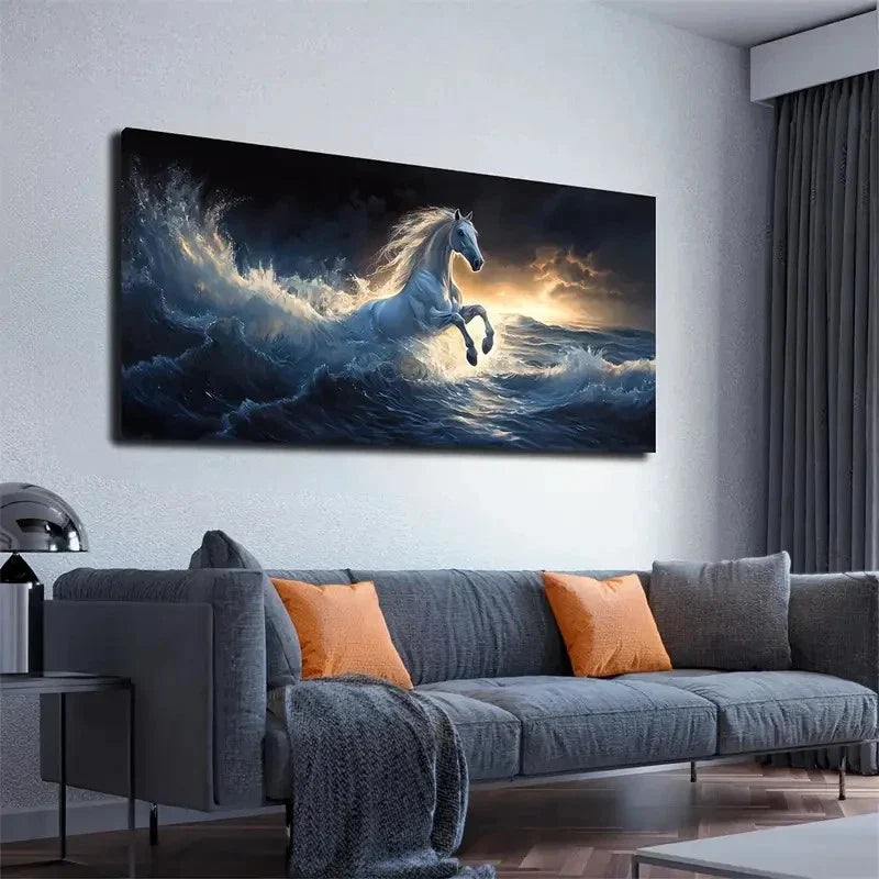 Realistic Galloping White Wall Art canvas office home room framed 120x60cm