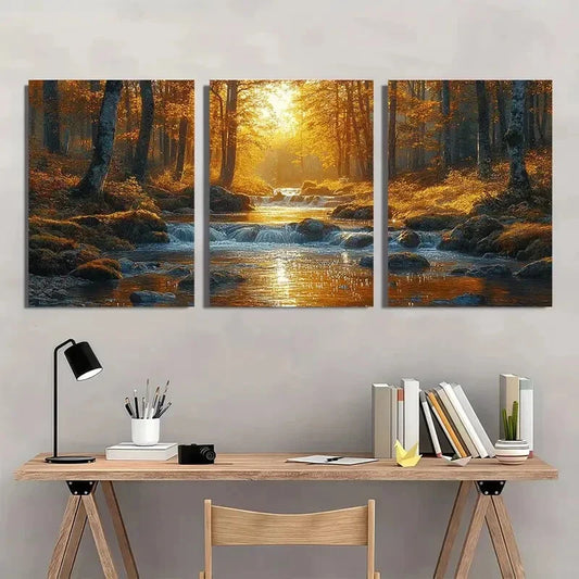 3pcs Vibrant Forest Floral Stream Metal Print Ready to Hang Art