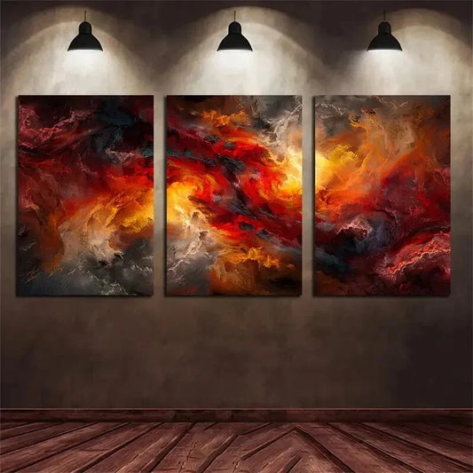 3pcs Abstract Modern Design Red & Stunning Golden Metal Print Ready to Hang Art