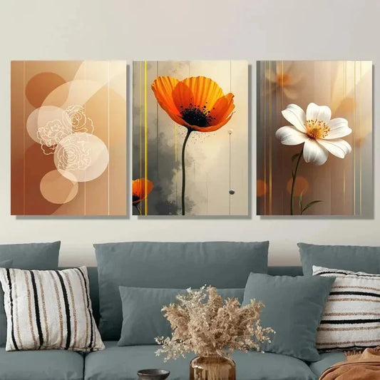 3pcs Modern Abstract Floral Orange & White Metal Print Ready to Hang Art