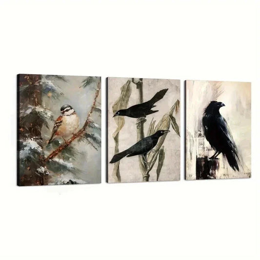 3pcs Vintage Style Crow and Corn Stalk Wall Art Set Canvas Framed 40x60cm - High Quality Print 100% Australian Made Wall Canvas Ready to Hang