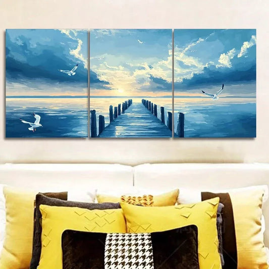 3pcs Seagulls Over Harbor, Nature Wall Art Set Canvas Framed 40x60cm - High Quality Print 100% Australian Made Wall Canvas Ready to Hang