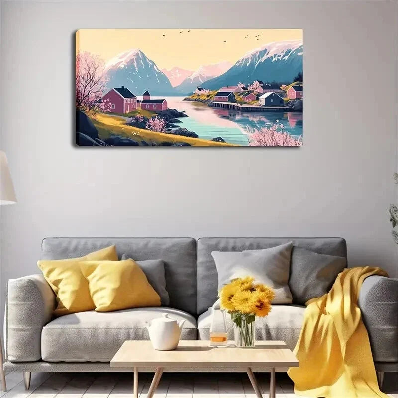 Lake Scene with Cherry Blossoms Wall Art Canvas Office Home Room Framed 120x60cm