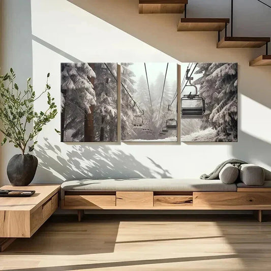 3pcs Snow Winter Scene Ski Chairlift Wall Art Set Canvas Framed 40x60cm - High Quality Print 100% Australian Made Wall Canvas Ready to Hang