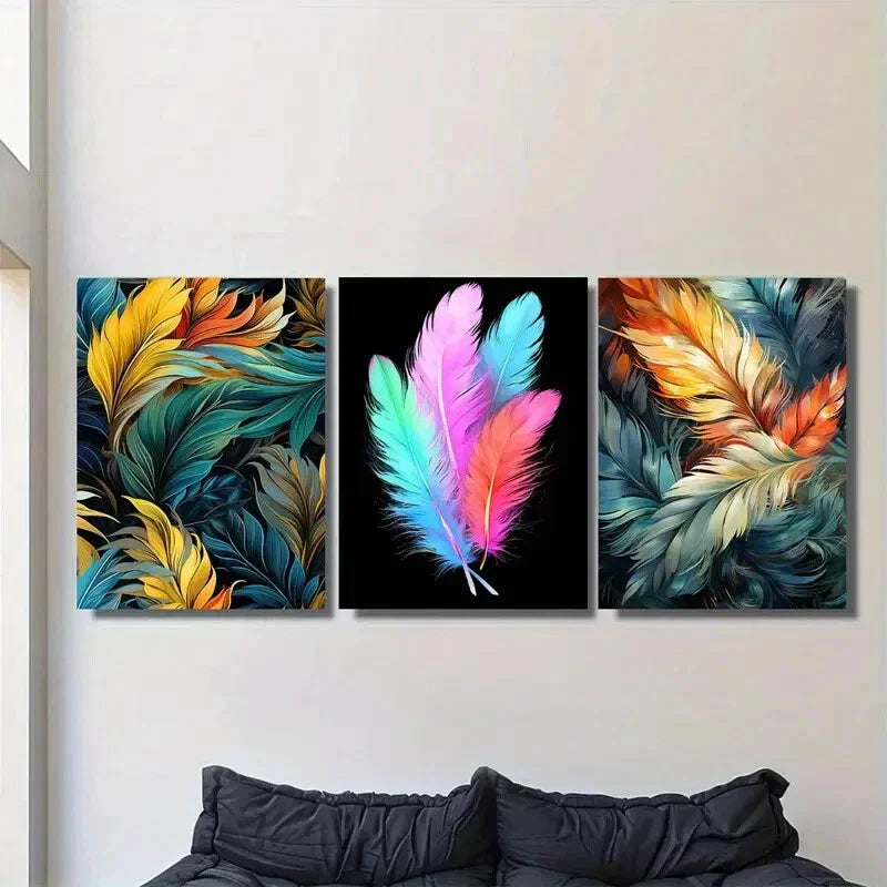 3pcs Vibrant Feather Triptych Modern Abstract Metal Print Ready to Hang Art