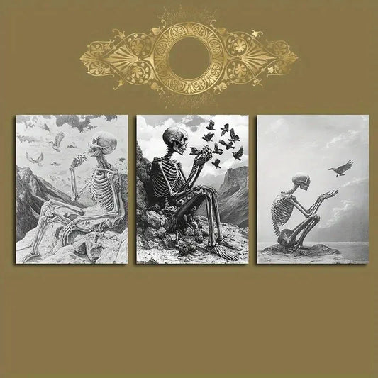 3pcs Skeleton Black and White Birds Metal Print Ready to Hang Art