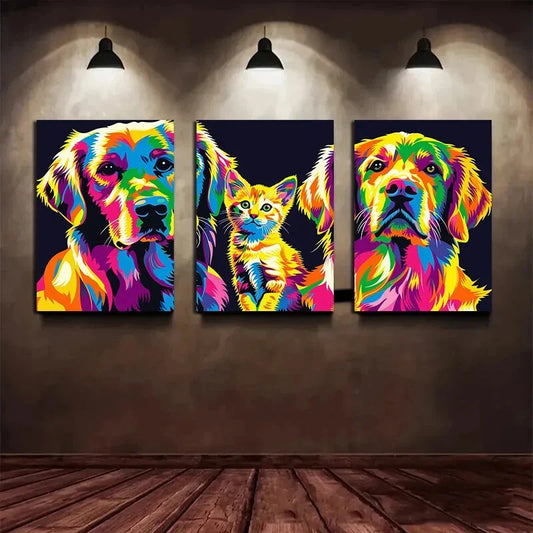 3pcs Colorful Cat and Labrador Retriever Metal Print Ready to Hang Art