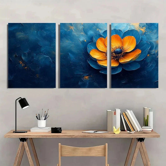 3pcs Vibrant Blue & Yellow Flowers with Glossy Metal Print Ready to Hang Art