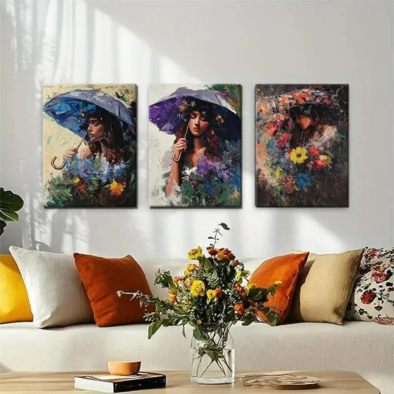 3pcs Women Umbrella & Flower Portraits Perfect Wall Art Set Canvas Framed 40x60cm - High Quality Print 100% Australian Made Wall Canvas Ready to Hang