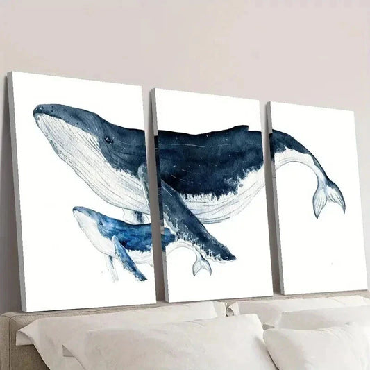 3pcs Nautical Humpback Marine Blue Whale Wall Art Set Canvas Framed 40x60cm - High Quality Print 100% Australian Made Wall Canvas Ready to Hang