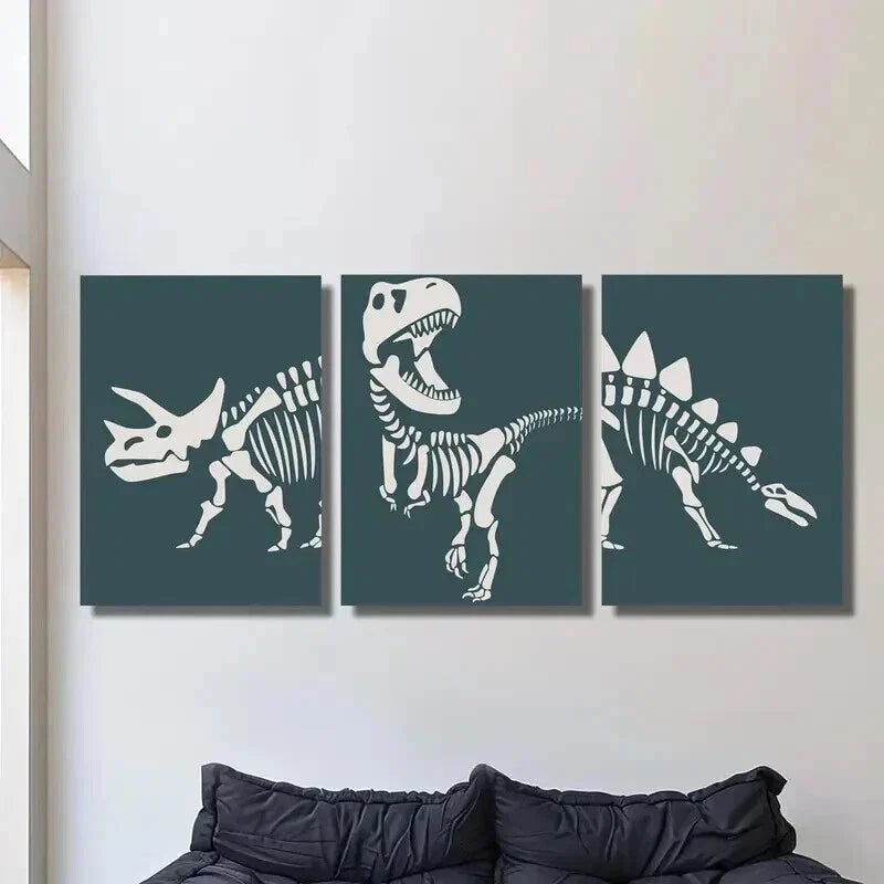 3pcs Dinosaur Triceratops Skeleton Outline Wall Art Set Canvas Framed 40x60cm - High Quality Print 100% Australian Made Wall Canvas Ready to Hang