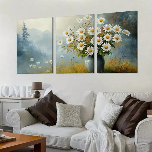 3pcs Classic Daisy Wildflowers & Countryside Wall Art Set Canvas Framed 40x60cm - High Quality Print 100% Australian Made Wall Canvas Ready to Hang