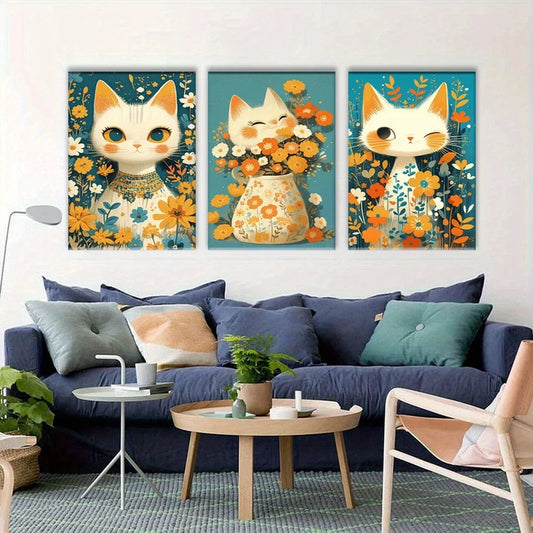 3pcs Aesthetic Cat and Flower Luxury Metal Print Ready to Hang Art