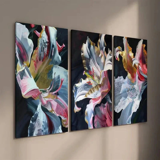 3pcs Golden Pink Lily Flower Petals & Dewdrops Wall Art Set Canvas Framed 40x60cm - High Quality Print 100% Australian Made Wall Canvas Ready to Hang