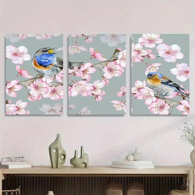 3pcs Cherry Blossom and Bird Colorful Birds Metal Print Ready to Hang Art