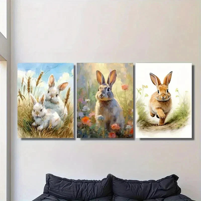 3pcs Charming Rabbit Brown Metal Print Ready to Hang Art