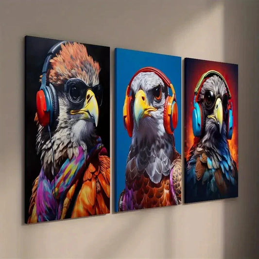3pcs Vibrant Falcon with Headphones Wall Art Set Canvas Framed 40x60cm - High Quality Print 100% Australian Made Wall Canvas Ready to Hang