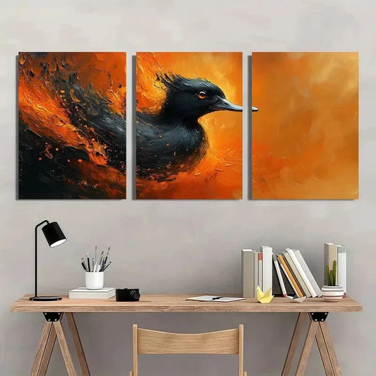 3pcs Angry Black Duck Abstract Vibrant Orange Metal Print Ready to Hang Art