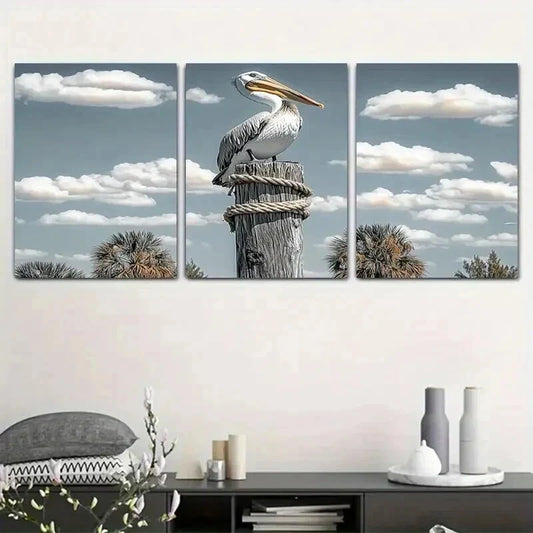 3pcs Pelican with Blue Sky & Palm Trees Wall Art Set Canvas Framed 40x60cm - High Quality Print 100% Australian Made Wall Canvas Ready to Hang
