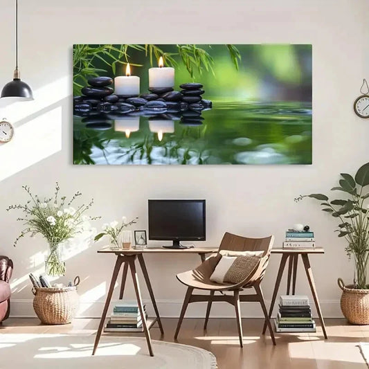 Tranquil Water & Stone Candles Wall Art Canvas Office Home Room Framed 120x60cm