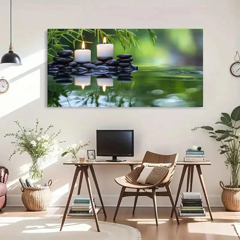 Tranquil Water & Stone Candles Wall Art Canvas Office Home Room Framed 120x60cm