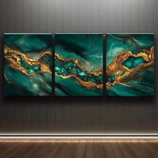 3pcs Luxurious Gold & Green Abstract Marble Wall Art Set Canvas Framed 40x60cm - High Quality Print 100% Australian Made Wall Canvas Ready to Hang