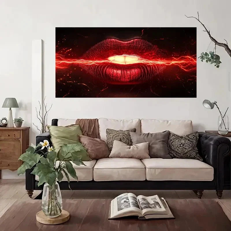 Electric Lips Abstract Wall Art Canvas Office Home Room Framed 80x45cm